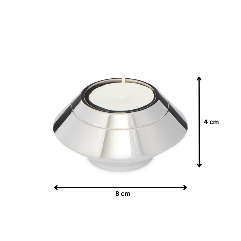 Silver Keepsake Candle Urn measuring 8 cm wide and 4 cm tall, featuring a stainless steel body and tealight holder for memorial keepsakes.