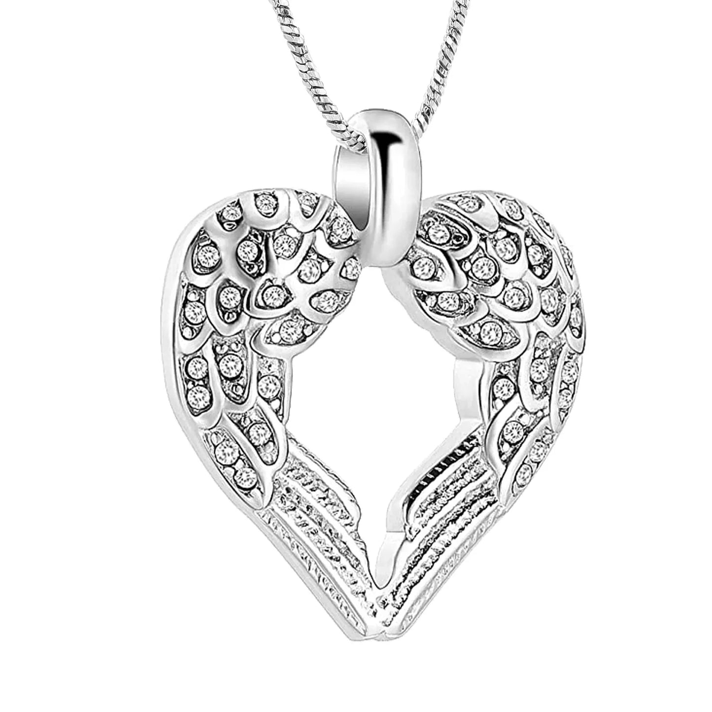 Diamanté Angel Wings Pendant Silver Jewelry shaped like a heart with crystal accents, crafted in stainless steel. Ideal keepsake for ashes.