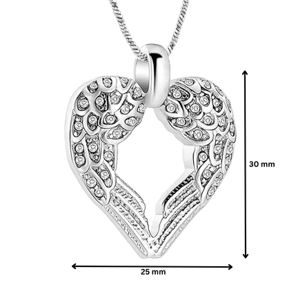 Diamanté Angel Wings Pendant Silver Jewelry with 30mm height and 25mm width, heart-shaped design with embedded crystals. Memorial keepsake necklace.