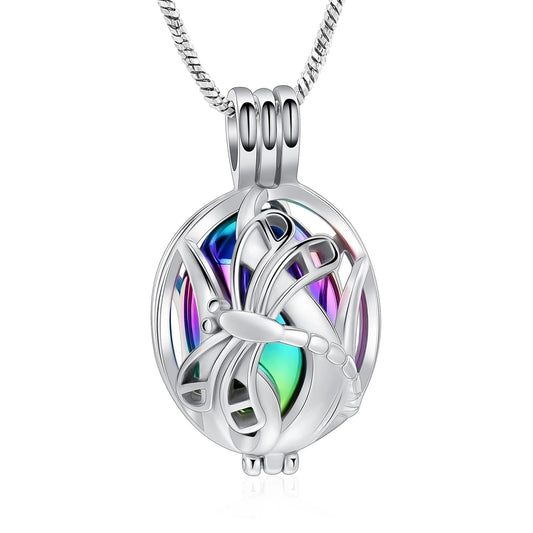 Dragonfly Urn Rainbow Pendant in stainless steel with colorful egg-shaped ash holder. Memorial necklace with threaded lid for secure ash storage.