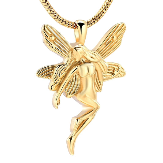 Gold fairy pendant urn necklace in stainless steel with detailed wings and flowing hair, designed to hold ashes as a memorial keepsake.