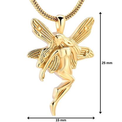 Gold stainless steel fairy pendant urn measuring 25mm by 15mm, ideal for ashes storage and remembrance jewelry.