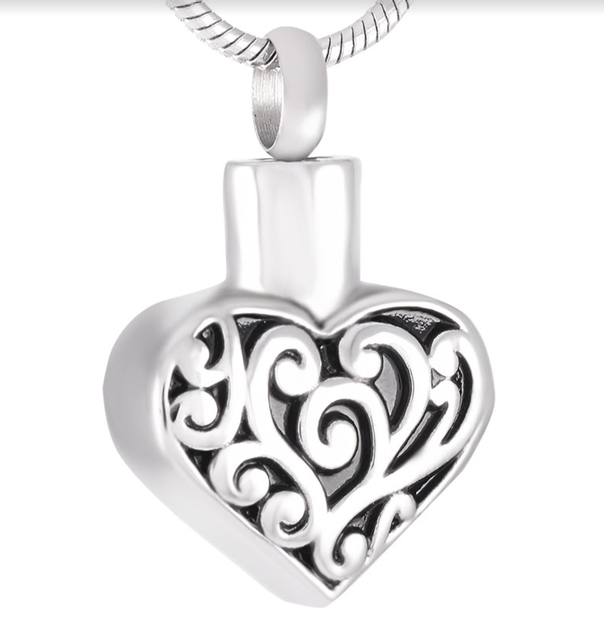 Filigree Heart Necklace - Stainless Steel pendant with intricate scrollwork design, ideal for memorial keepsakes from Caskets Direct.