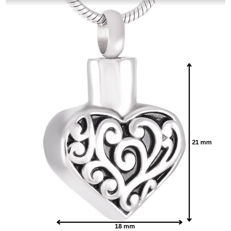 Filigree Heart Necklace - Stainless Steel with 21mm height and 18mm width, showcasing detailed heart-shaped urn pendant from Caskets Direct.
