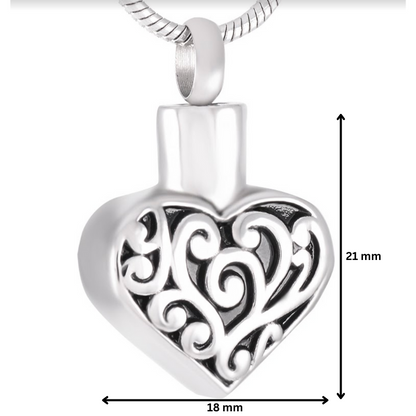 Filigree Heart Necklace - Stainless Steel with 21mm height and 18mm width, showcasing detailed heart-shaped urn pendant from Caskets Direct.