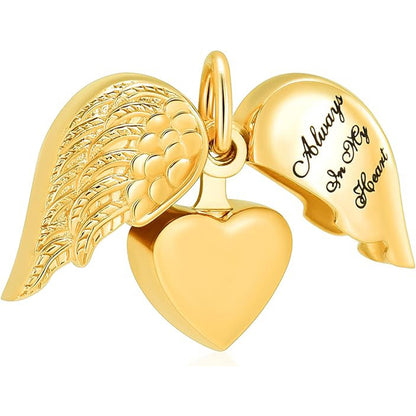 Hidden Heart Gold Tone Pendant opened to reveal a smooth inner heart, featuring split angel wings and engraved 'Always In My Heart' text.