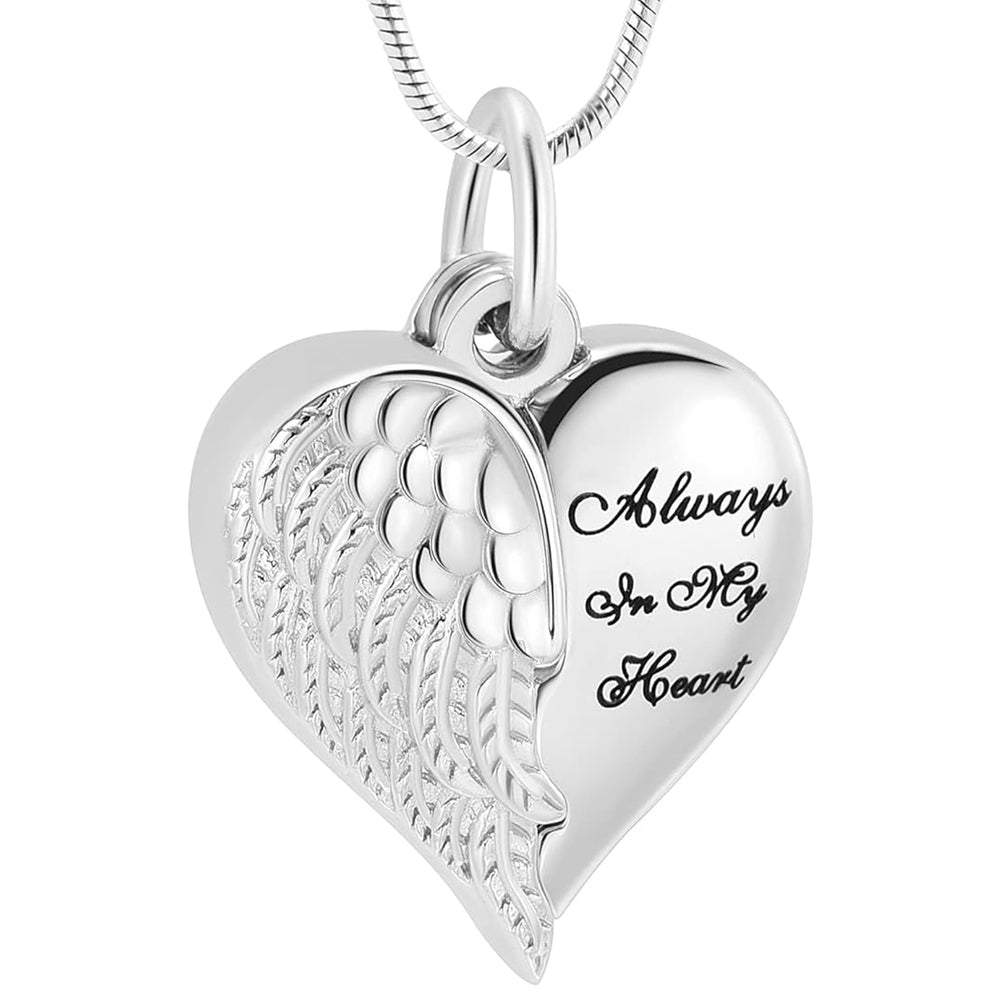 Silver Heart Pendant Necklace with engraved 'Always In My Heart' message and angel wing detail, made from stainless steel for lasting wear.