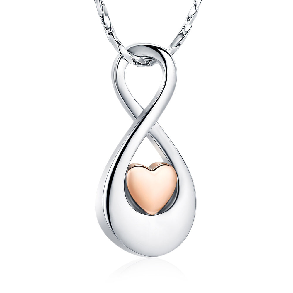 Infinity Rose Gold Heart Pendant - Memorial Jewelry featuring a rose gold-tone heart nestled in a silver infinity loop, ideal for holding ashes.