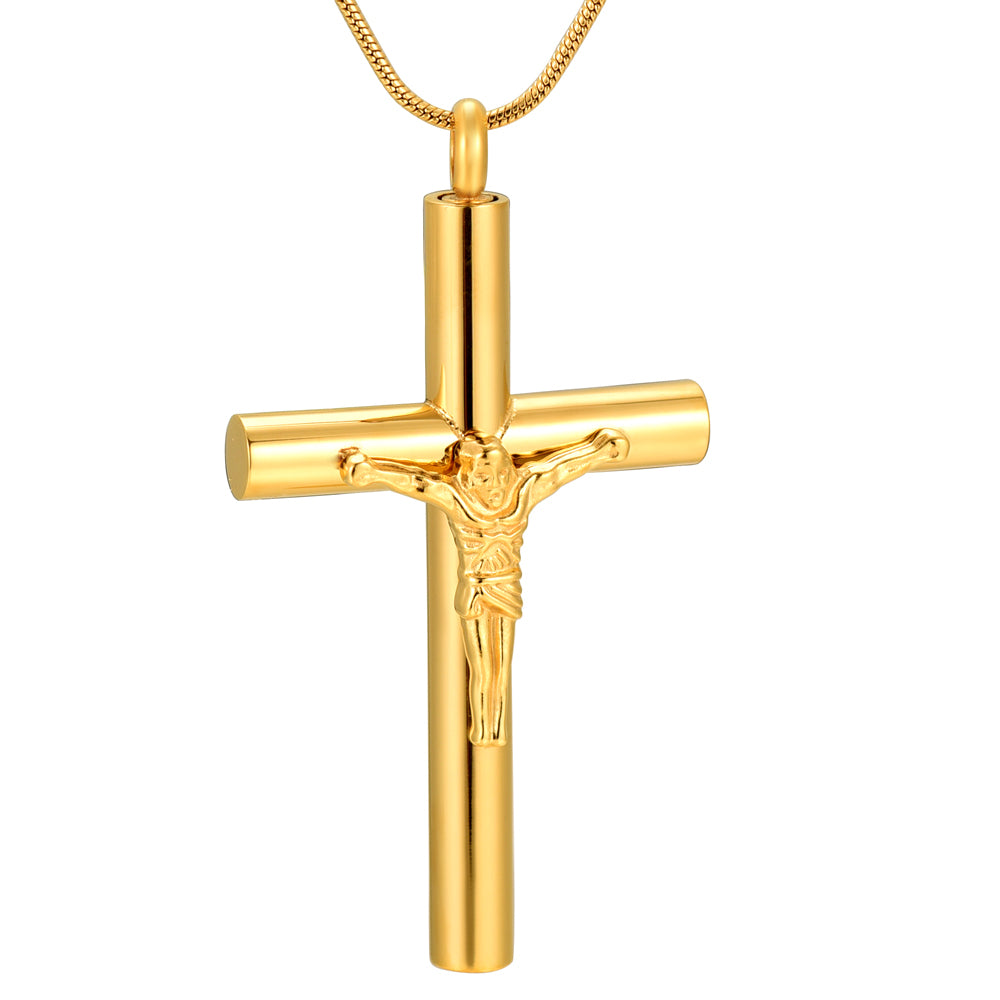 Large Jesus on Cross Pendant in gold stainless steel with detailed crucifix design, ideal as cremation jewelry or religious necklace.