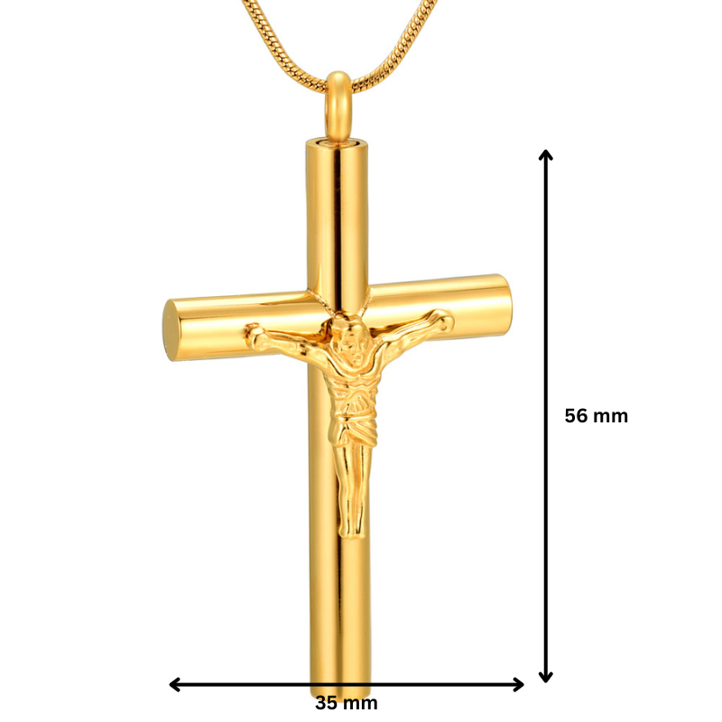 Gold stainless steel Jesus Cross Pendant measuring 56mm x 35mm, designed for ashes with polished finish and wearable as memorial jewelry.