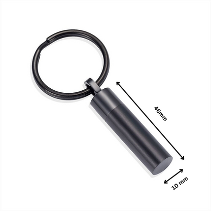 Key Chain Cylinder Black with dimensions 46mm x 10mm, featuring a compact cylindrical shape and durable metal ring for everyday use.