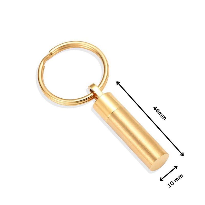 Gold Cylinder Keychain measuring 46mm x 10mm, crafted in stainless steel with a secure screw-top compartment for ashes or mementos.