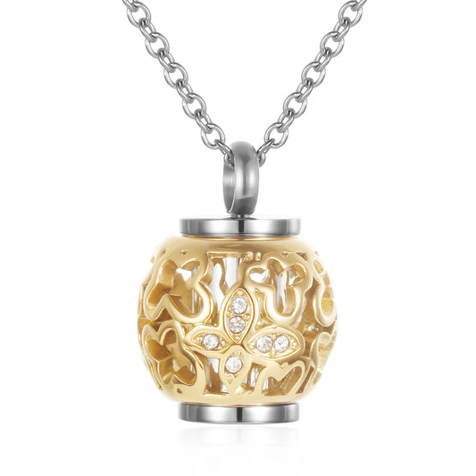 Lantern Urn Pendant Gold Tone with butterfly pattern and crystal accents, stainless steel memorial jewelry for ashes. Elegant keepsake necklace.