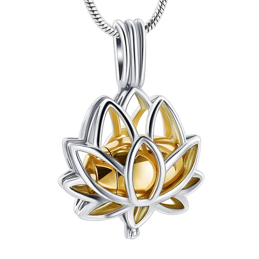 Lotus Urn Pendant Gold Tone with stainless steel outer lotus design and inner gold-tone ashes holder. Elegant memorial jewelry for ashes.
