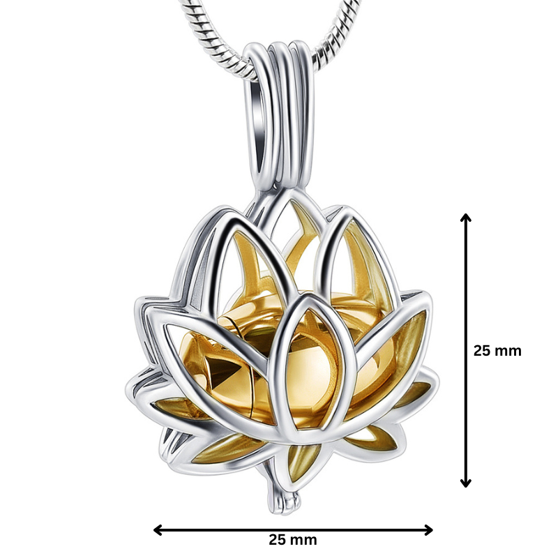 Lotus Urn Pendant Gold Tone with 25mm dimensions. Stainless steel cremation jewelry with gold-tone inner urn for ashes.