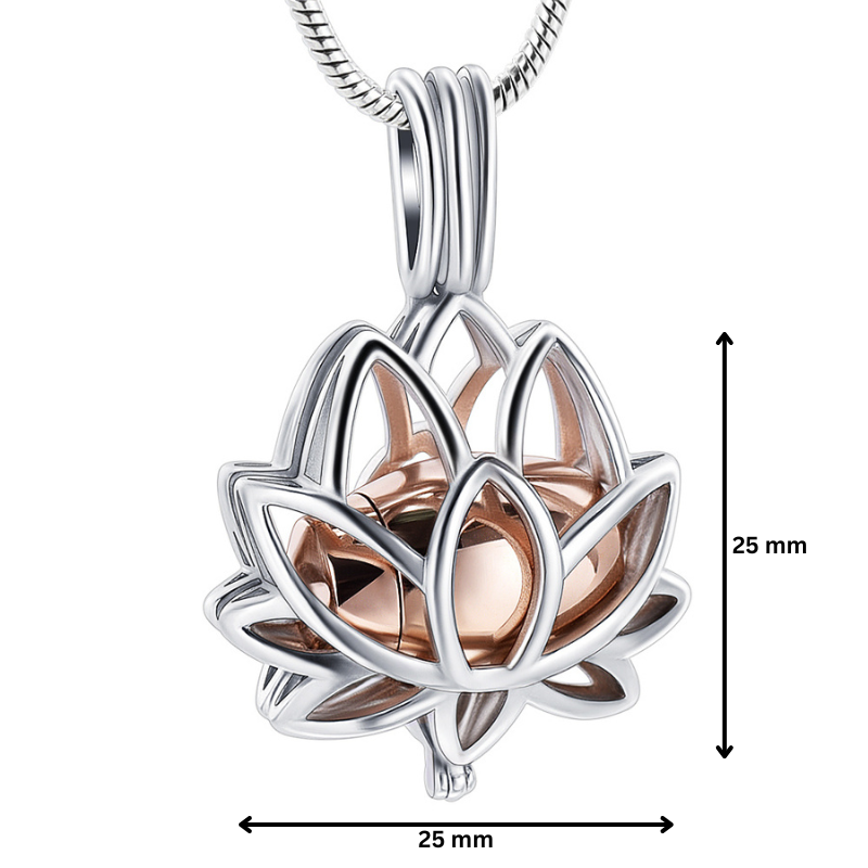 Lotus Urn Pendant Rose Gold | Keepsake Ash Holder with 25mm dimensions, highlighting the detailed lotus design and rose gold urn center.