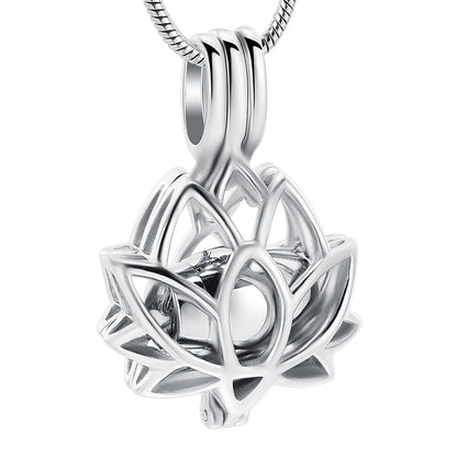 Lotus Urn Pendant Silver Tone - Keepsake Jewelry | Stainless Steel with intricate lotus flower design and hidden urn chamber for ashes.