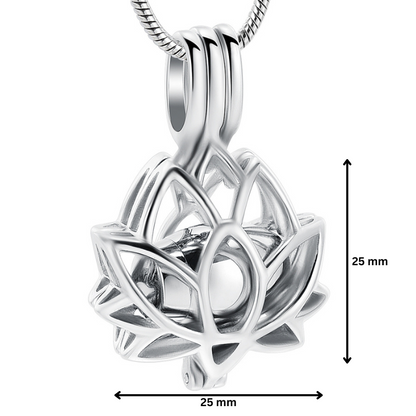 Lotus Urn Pendant Silver Tone - Keepsake Jewelry | Stainless Steel with 25mm dimensions, featuring a detailed lotus motif and urn compartment.