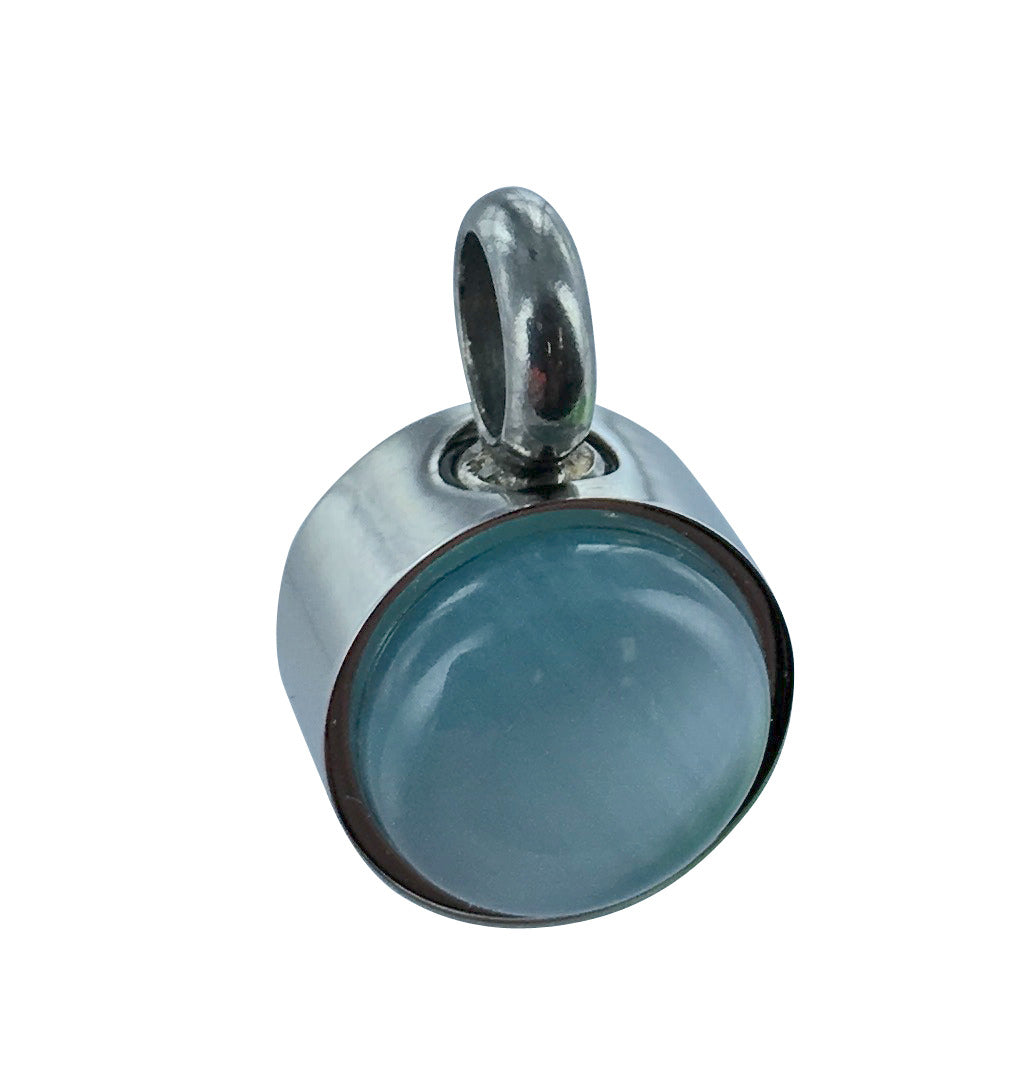 Blue Tear Drop Pendant with domed blue glass set in silver-tone stainless steel. Modern teardrop pendant necklace for everyday wear.