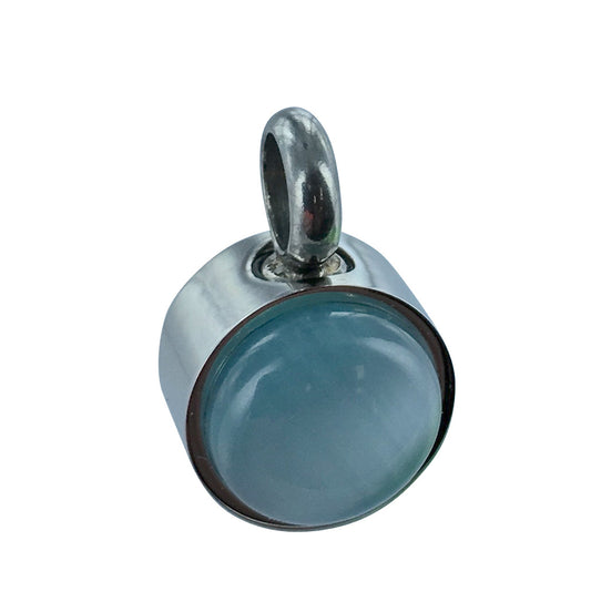 Blue Tear Drop Pendant with domed blue glass set in silver-tone stainless steel. Modern teardrop pendant necklace for everyday wear.