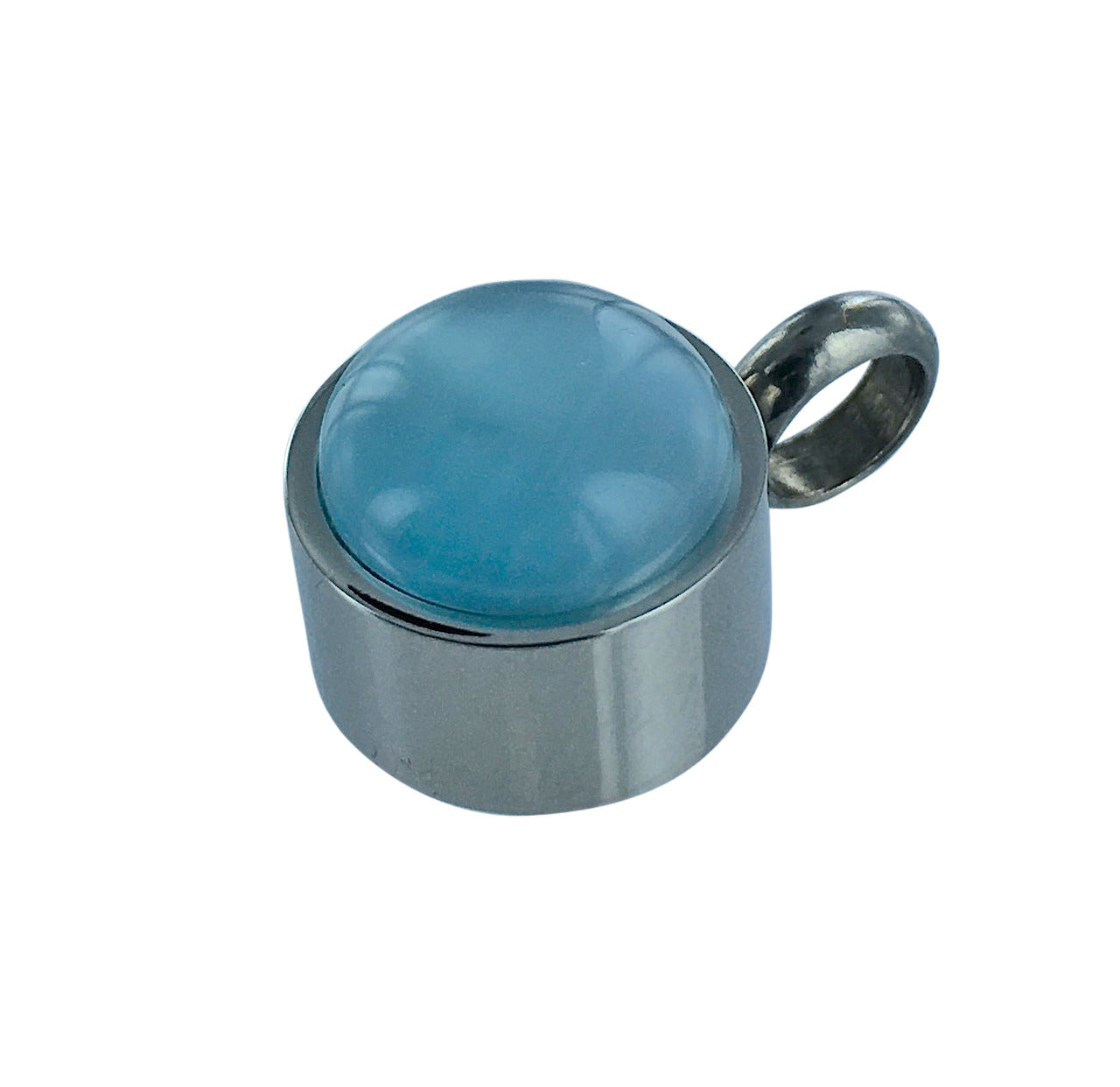 Minimalist Blue Tear Drop Pendant Necklace in stainless steel featuring a smooth, rounded blue stone and polished silver-tone finish.