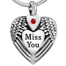 Miss You Heart Pendant - Heart Urn Pendant | Stainless Steel with angel wings and red gem. Memorial keepsake for ashes with engraved message.