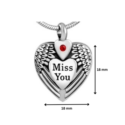 Miss You Heart Pendant - Heart Urn Pendant | Stainless Steel shown with 18mm dimensions. Features engraved 'Miss You' and red gem accent.