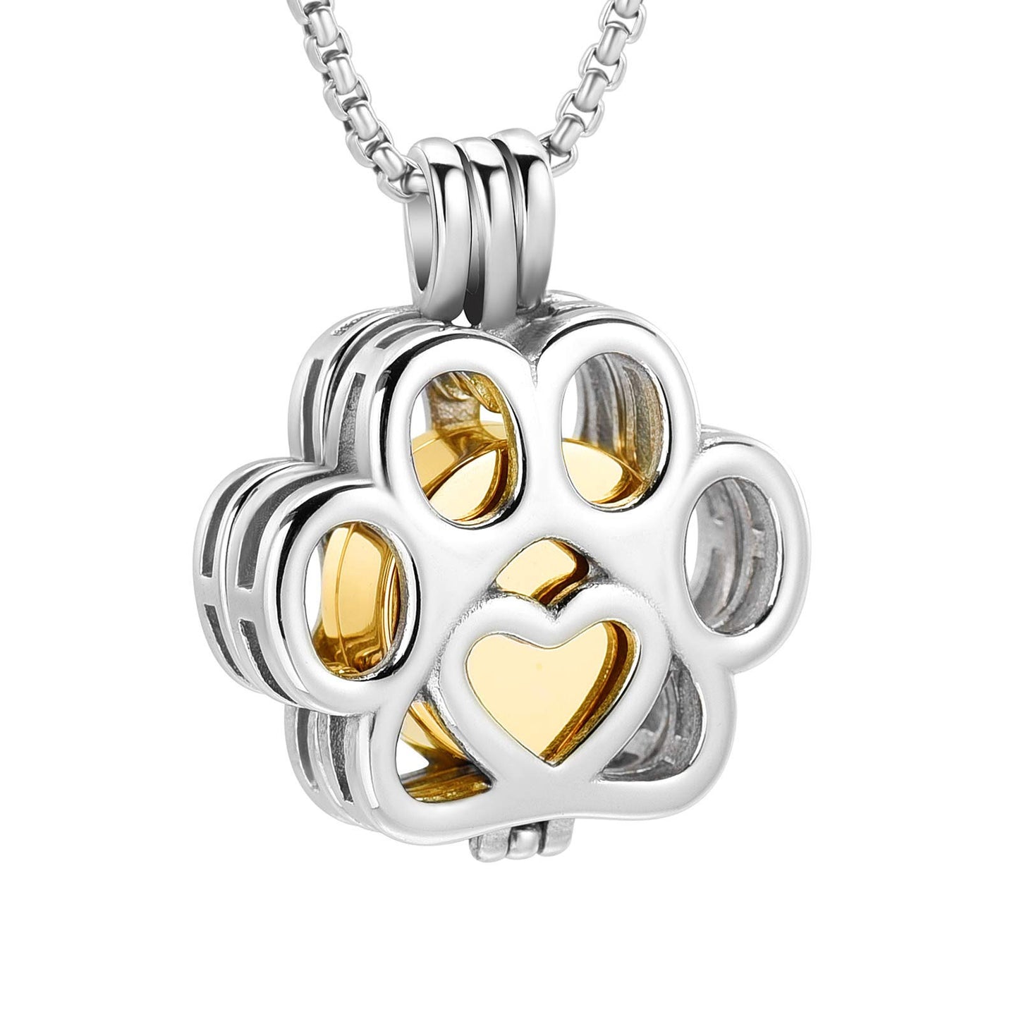 Paw Print Urn Pendant in gold tone with heart detail, stainless steel pet memorial jewelry for ashes. Elegant tribute with ash storage inside.