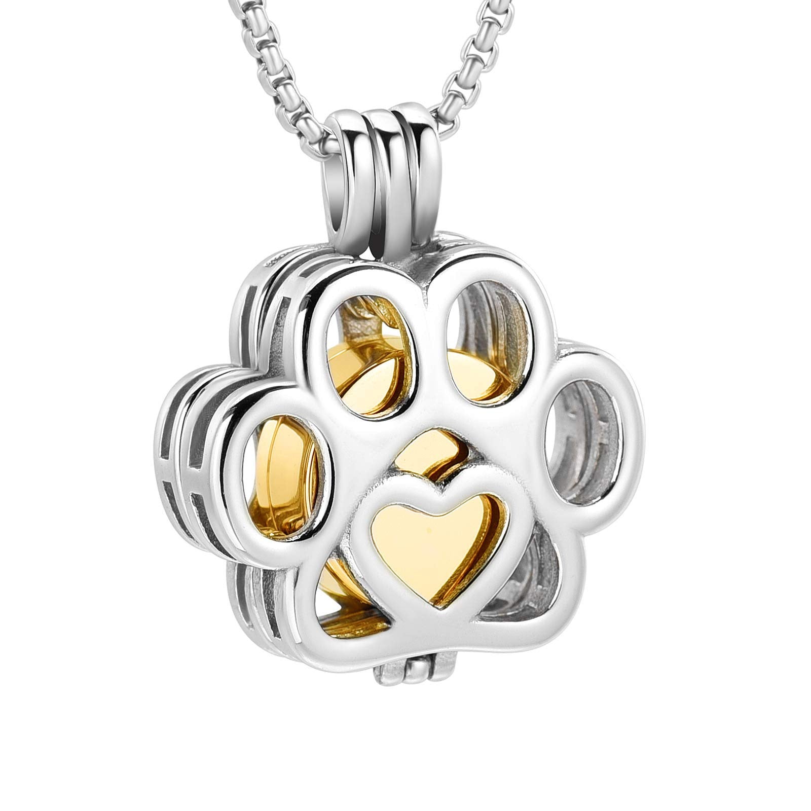Paw Print Urn Pendant in gold tone with heart detail, stainless steel pet memorial jewelry for ashes. Elegant tribute with ash storage inside.