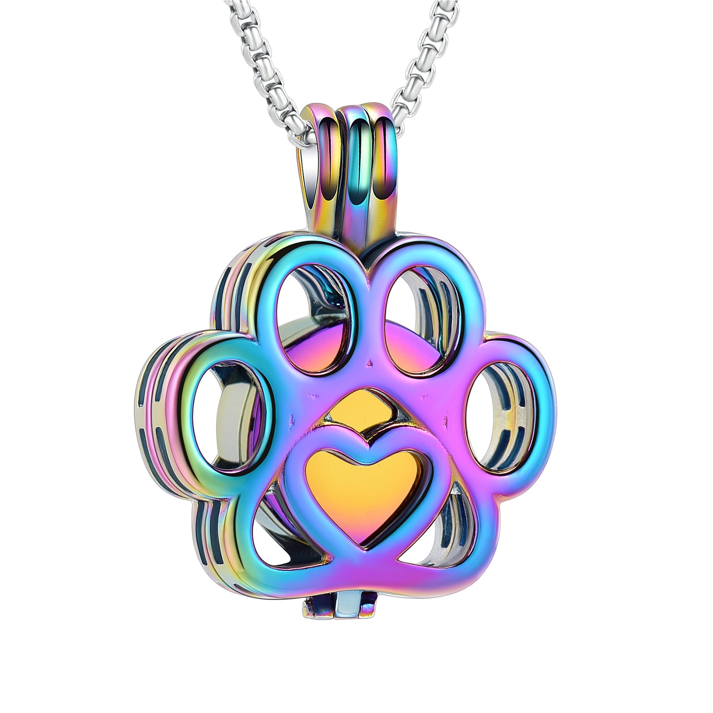 Paw Print Urn Pendant - Rainbow finish with heart detail, stainless steel keepsake for pet ashes. Ideal cremation jewelry for pet lovers.