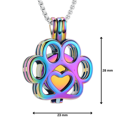 Rainbow Paw Print Urn Pendant with 28mm height and 23mm width. Stainless steel cremation jewelry for pet memorial keepsakes.