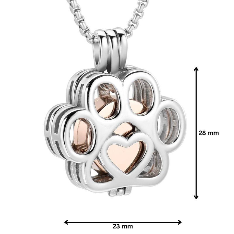 Paw Print Urn Pendant Rose Gold Tone with 28mm height and 23mm width, crafted in stainless steel with rose gold urn and heart cutout.