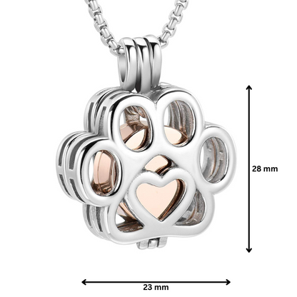 Paw Print Urn Pendant Rose Gold Tone with 28mm height and 23mm width, crafted in stainless steel with rose gold urn and heart cutout.