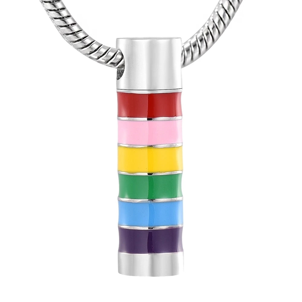 Rainbow Cylinder Pendant - Rainbow Memorial Pendant in stainless steel with colorful enamel bands, includes velvet bag for ashes storage.
