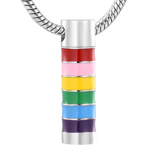 Rainbow Cylinder Pendant - Rainbow Memorial Pendant in stainless steel with colorful enamel bands, includes velvet bag for ashes storage.