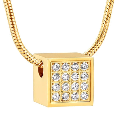 Square Diamante Pendant - Gold Pendant Necklace featuring a cube-shaped charm with 16 clear diamantes on a gold-tone stainless steel chain.
