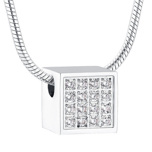 Square Diamante Silver Pendant with 16 white crystals on a stainless steel necklace. Modern cube design ideal for fashion jewelry collections.