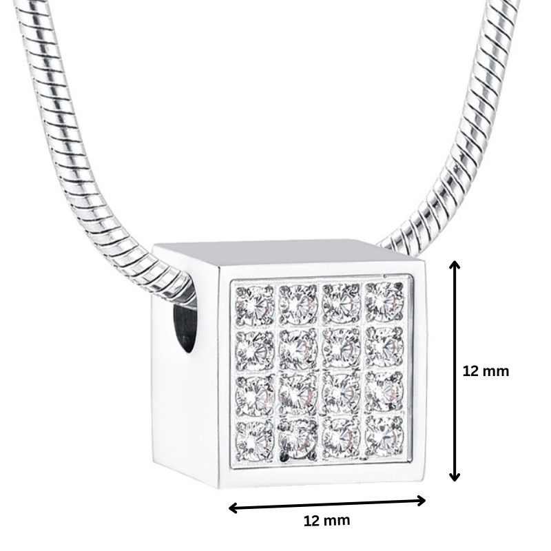 Square Diamante Silver Pendant measuring 12mm x 12mm, encrusted with 16 white crystals on a stainless steel chain. Sleek and elegant accessory.
