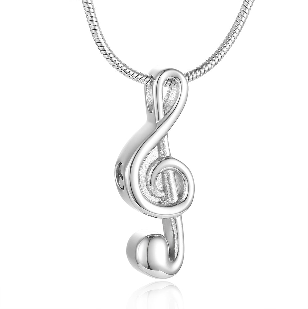Treble Clef Pendant - Stainless Steel Memorial featuring a polished silver-tone finish and elegant musical note design. Includes satin cord and velvet bag.