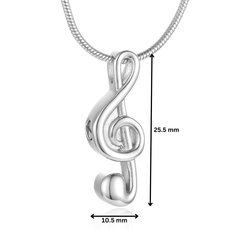 Treble Clef Pendant - Stainless Steel Memorial shown with dimensions 25.5mm height and 10.5mm width. Ideal for ashes keepsake with included filling kit.