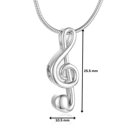 Treble Clef Pendant - Stainless Steel Memorial shown with dimensions 25.5mm height and 10.5mm width. Ideal for ashes keepsake with included filling kit.
