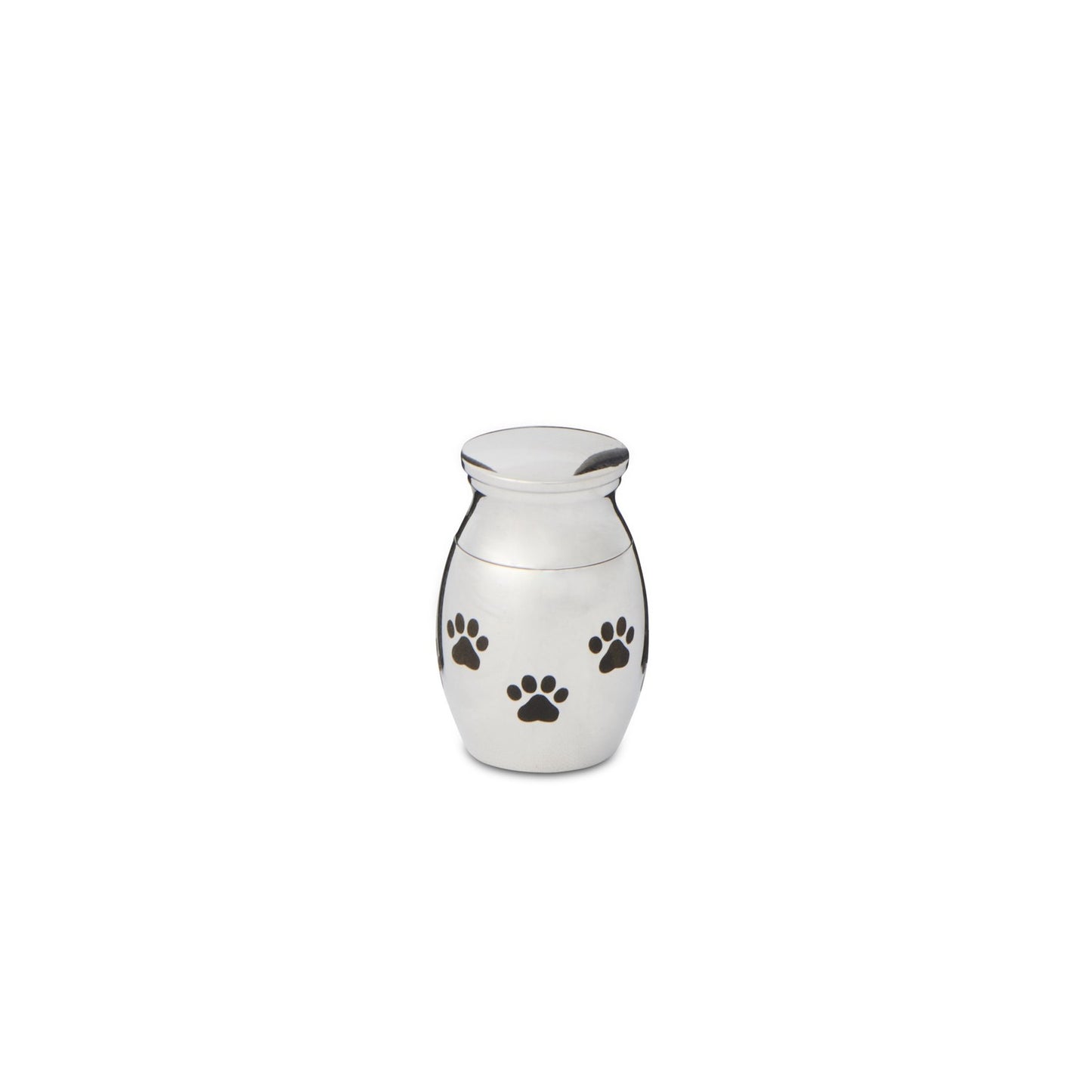 Paw Print 25mm Thimble Urn - Silver Tone Keepsake with black paw motifs, ideal for pet memorials or storing small mementos.