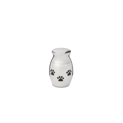 Paw Print 25mm Thimble Urn - Silver Tone Keepsake with black paw motifs, ideal for pet memorials or storing small mementos.
