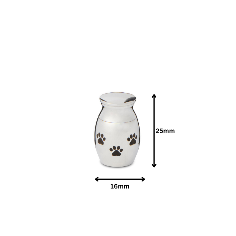 Silver Tone Paw Print 25mm Thimble Urn with 16mm width and 25mm height, perfect for keepsakes or pet ashes storage.