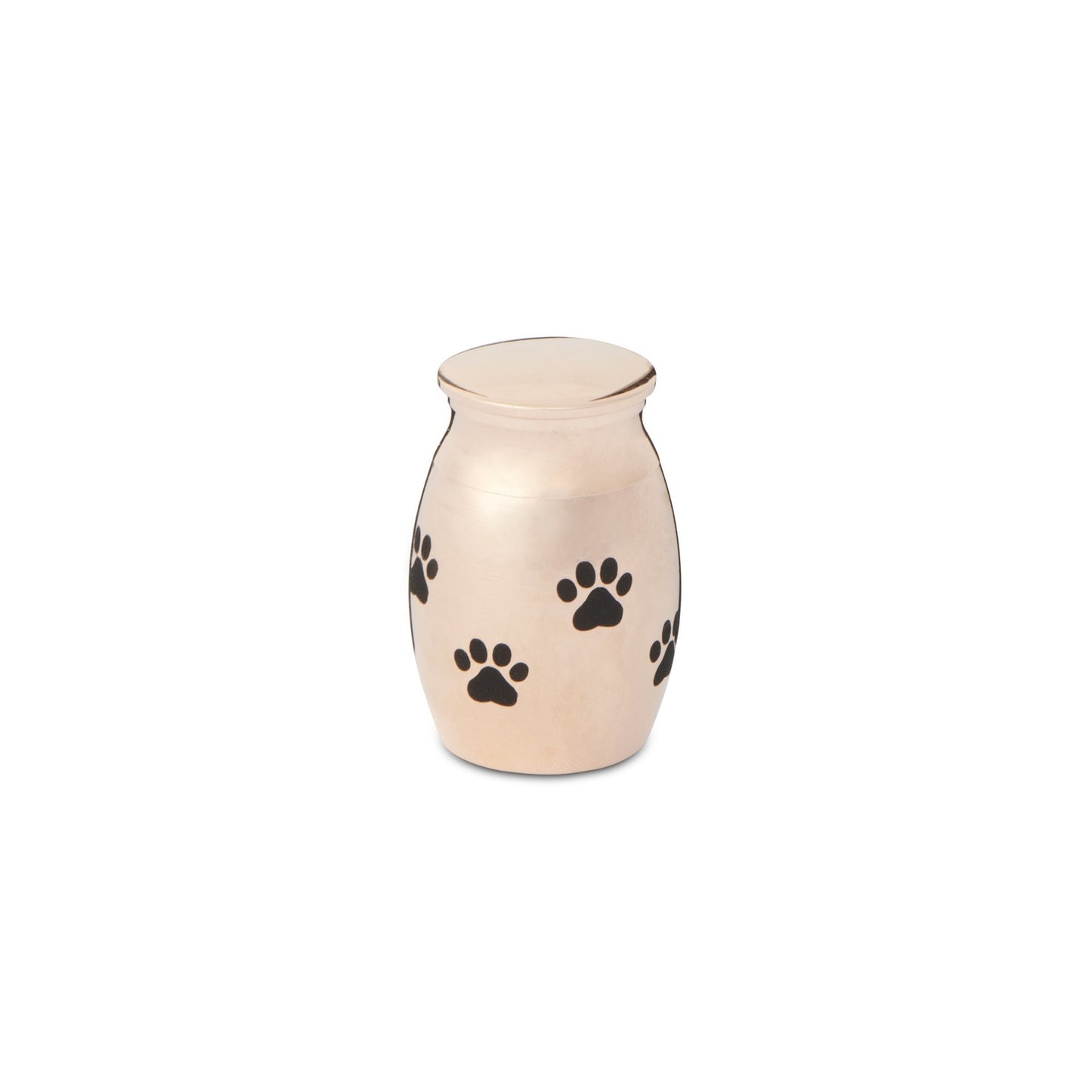 Paw Print Thimble Urn Rose Gold - Keepsake | 30mm Size. Stainless steel mini urn with black paw prints, ideal for pet memorials or small mementos.