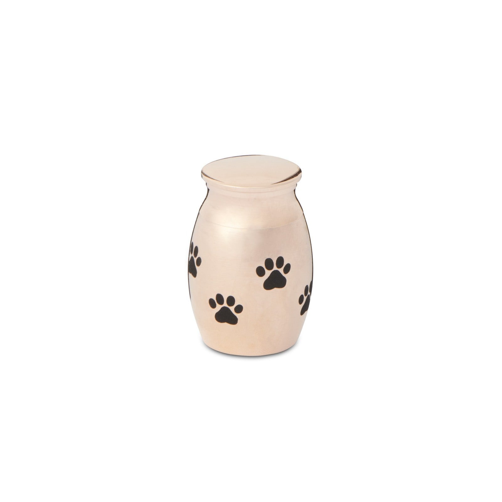 Paw Print Thimble Urn Rose Gold - Keepsake | 30mm Size. Stainless steel mini urn with black paw prints, ideal for pet memorials or small mementos.