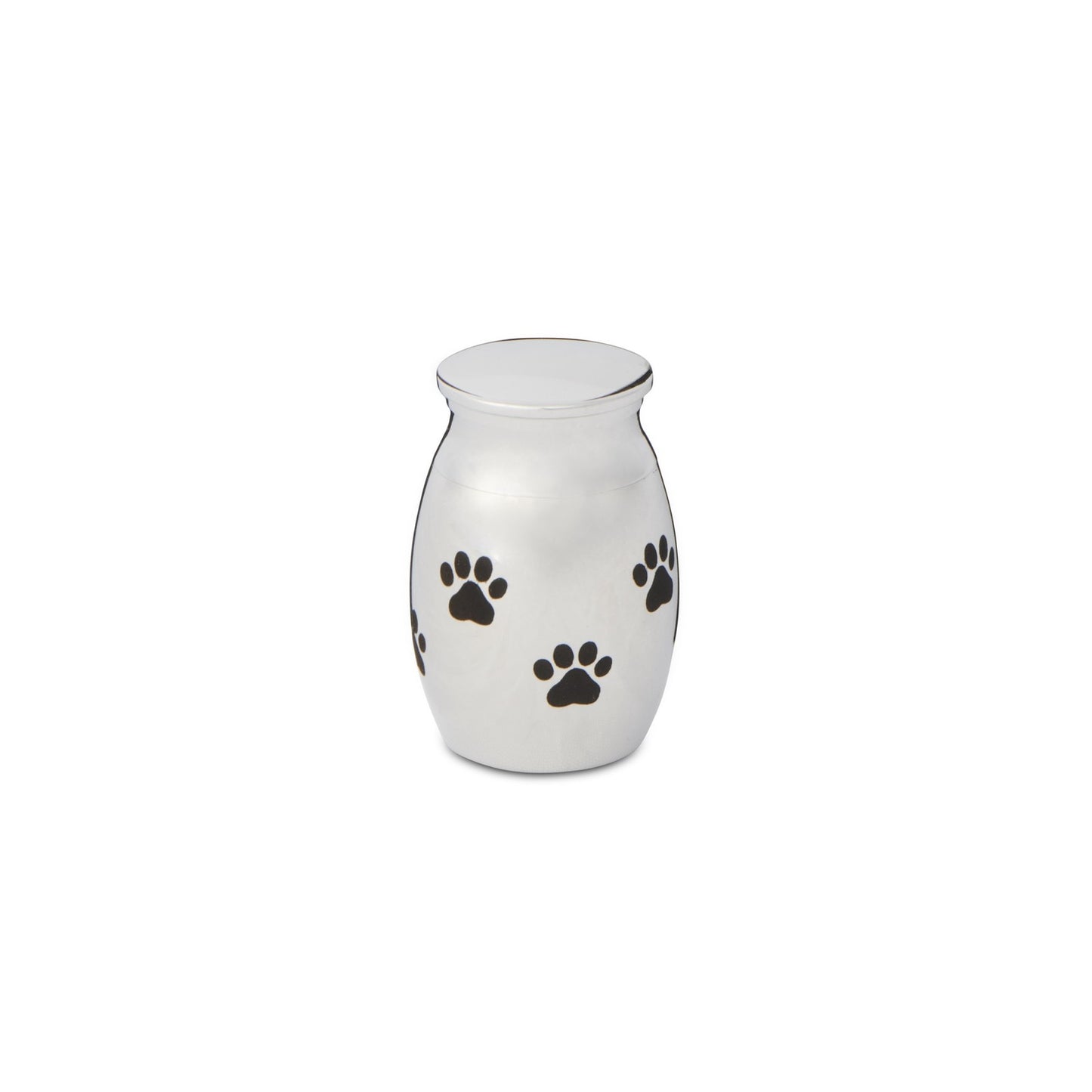 Paw Print Urn Silver Tone - Silver Pet Urn with black paw prints, made of stainless steel, ideal for keepsakes like pet hair or sand.