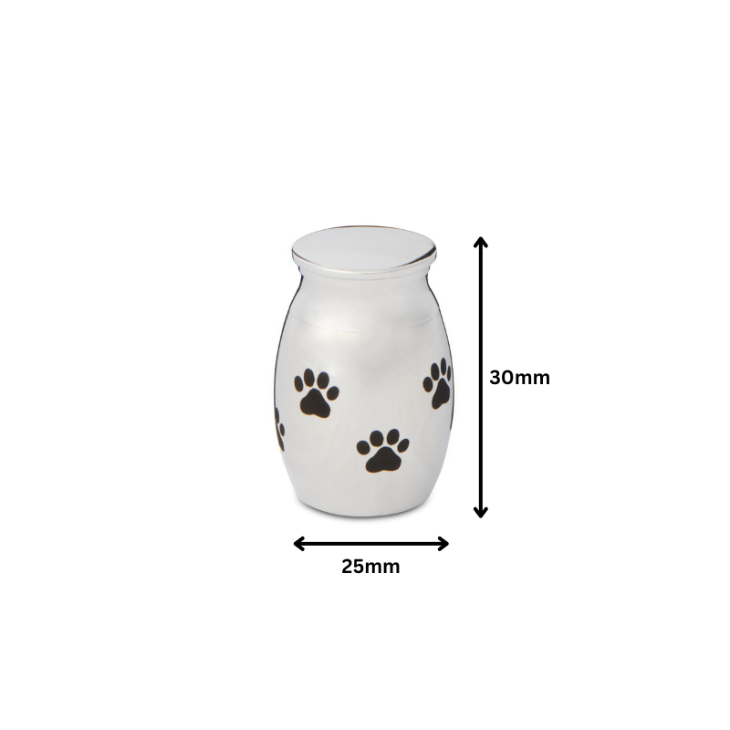 30mm Paw Print Urn Silver Tone - Stainless steel pet urn with black paw prints, shown with 25mm width and 30mm height dimensions.