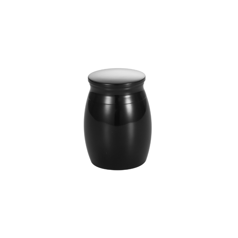 Mini Thimble Urn 30mm - Black Keepsake with sleek stainless steel finish and threaded lid. Ideal for storing a small memorial or personal engraving.