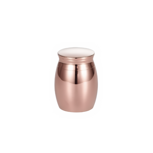 Mini Thimble Urn Rose Gold - Keepsake Memento in polished stainless steel with threaded lid. Ideal for ashes or small memorial keepsakes.